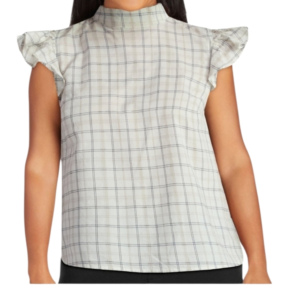 Time and Tru Women's Mock Neck Top with Flutter Plaid Sleeves Size Large